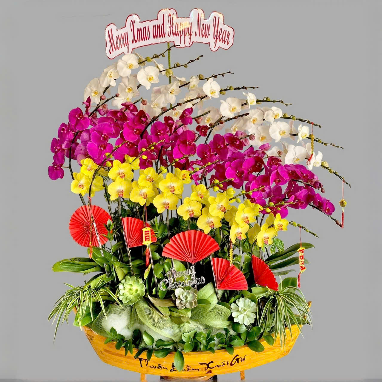 Lan hồ điệp mix màu ghép trên thuyền gỗ - LA130